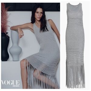 NEW SIMKHAI Jocelyn Open-Stitch Fringe Metallic Silver Midi Dress NWT Medium